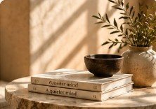 Stone table with books, ceramic bowl and olive branch in soft sunlight