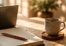 Sunlit writing desk with journal, pen, ceramic mug and laptop