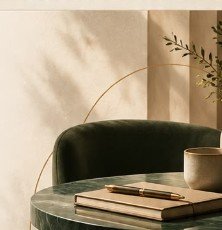 Green marble table with velvet chair, notebook and warm drink