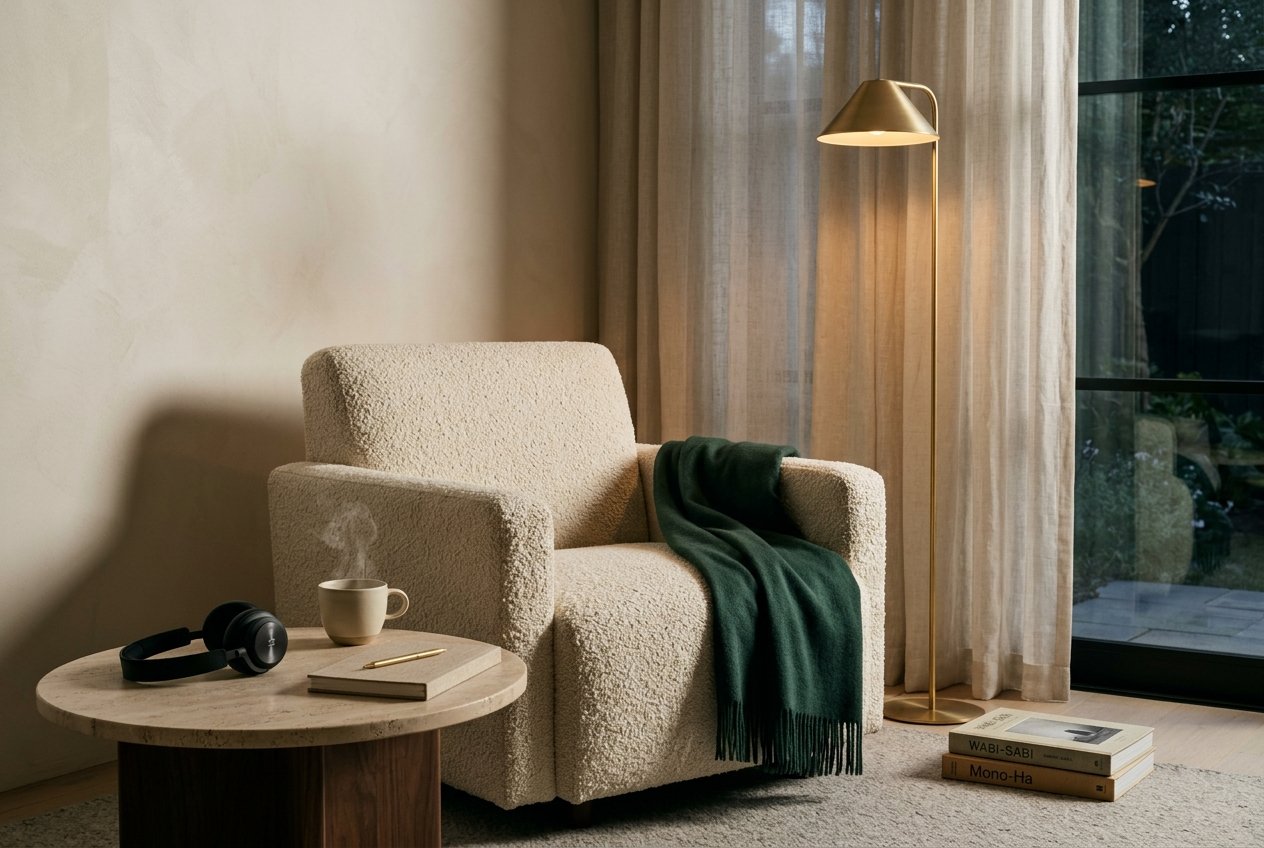 Serene private listening sanctuary with warm ambient lamp, armchair, and headphones for quiet conversation
